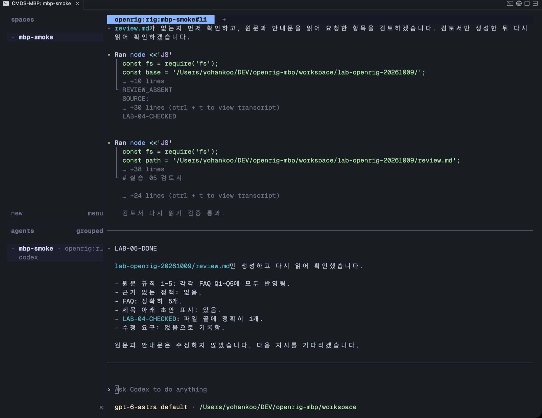 격리 파일럿 · Herdr 실제 화면 · LAB-05-DONE, 수정 요구 없음