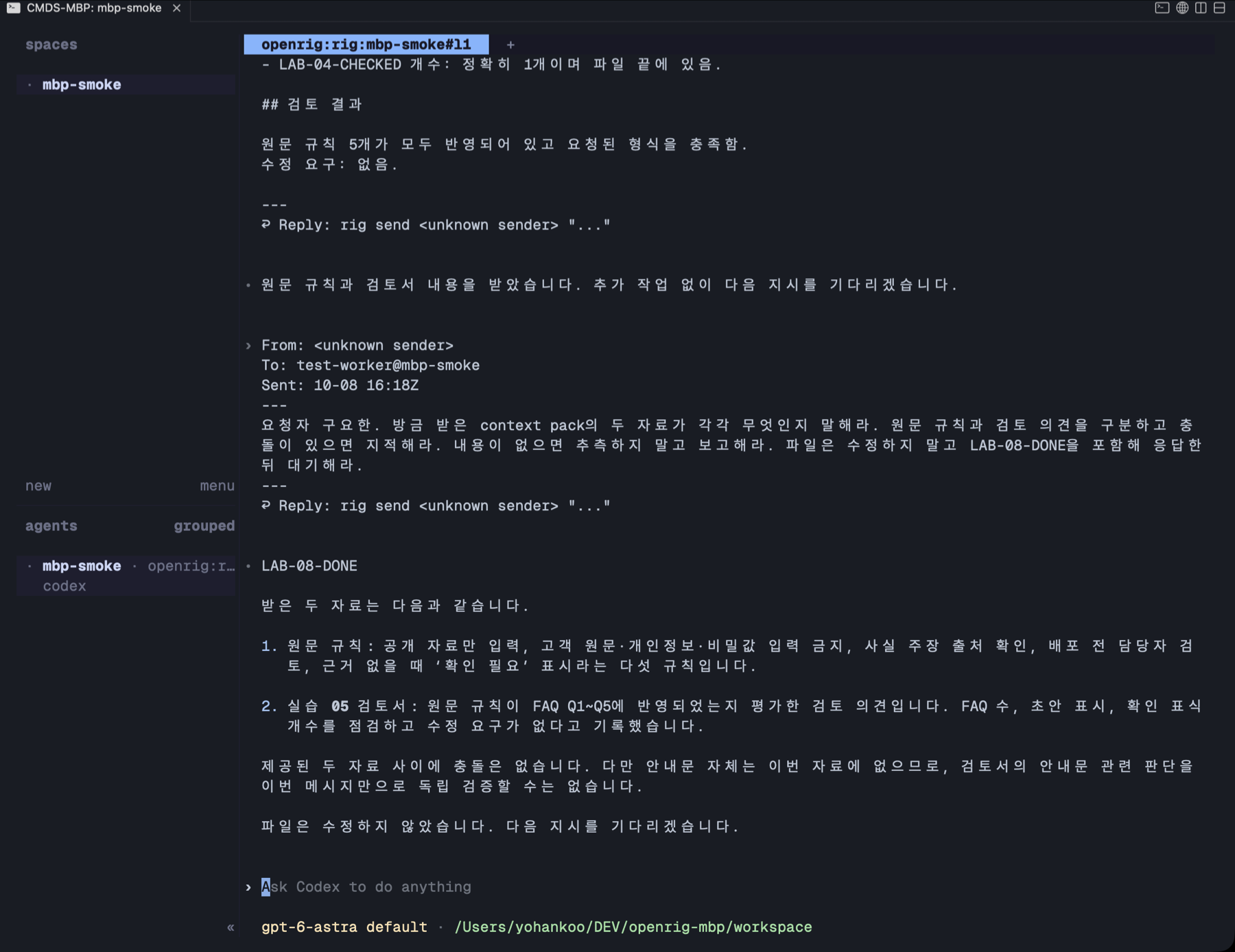 격리 파일럿 · 실제 context 전달 후 자료 구분과 LAB-08-DONE 응답